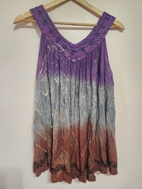 Vintage Shoreline Ombre Tie Dye Crinkle Gauze Embroidered Boho Tunic Top OS